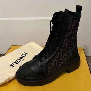 Fendi Black FF Logo Lace-Up Combat Boot